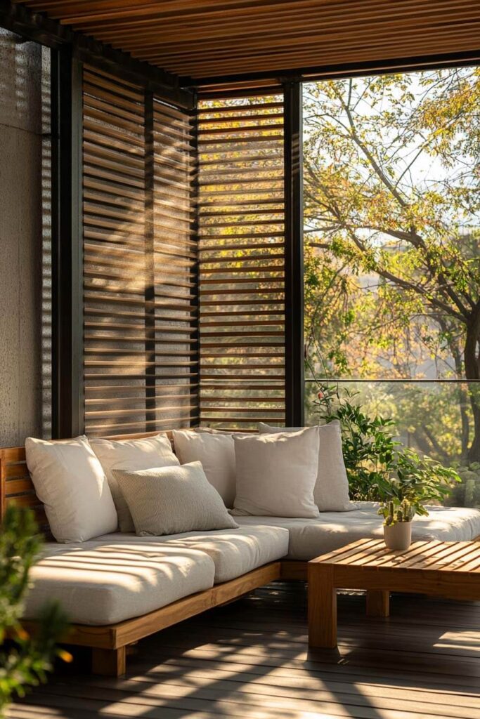 Modern balcony with wooden sectional sofa, neutral cushions, slatted privacy screens, wooden coffee table, and potted greenery.