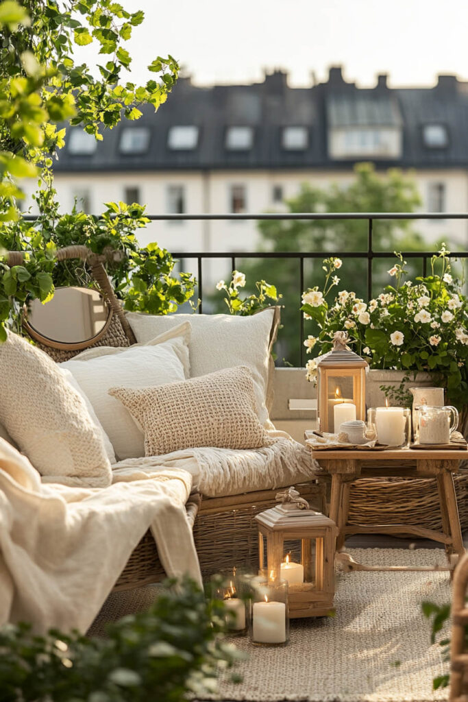 Romantic cozy balcony with woven sofa, cream cushions, wooden table, candles, lanterns, greenery, white flowers, and garden vibe.