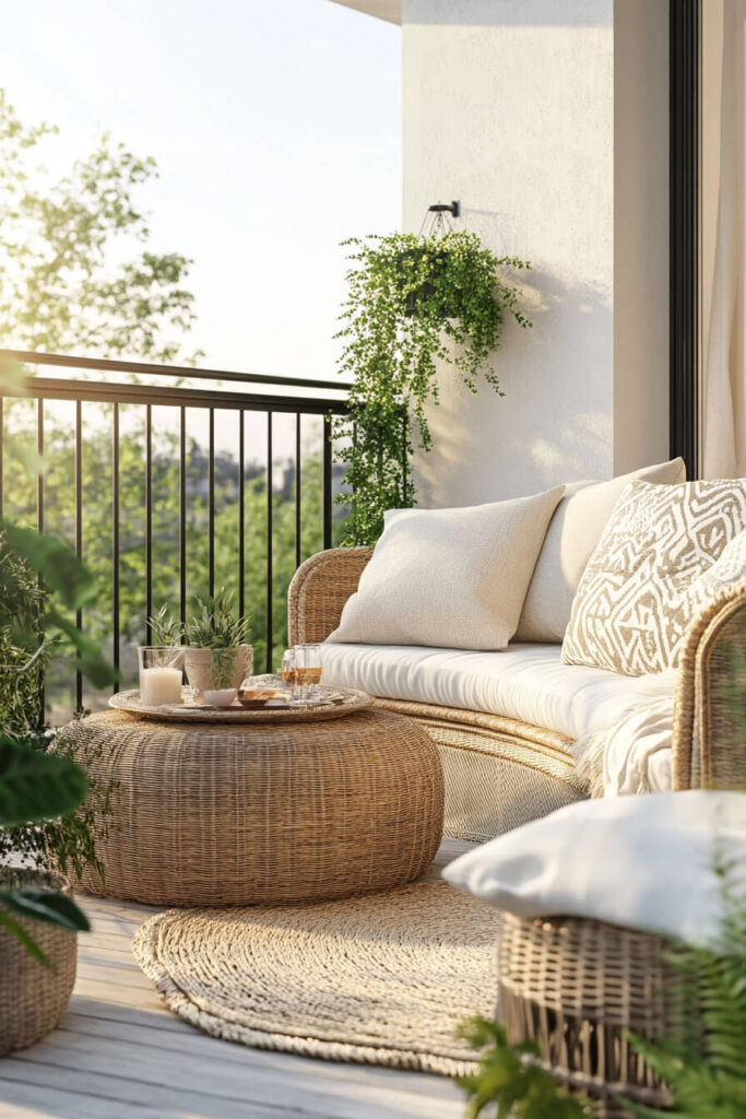Boho balcony with wicker sofa, round ottoman, neutral pillows, textured rug, candles, potted plants, hanging greenery, and black railing.