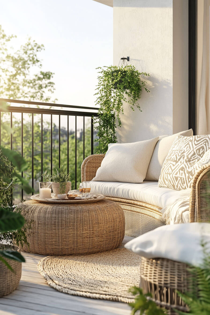 Boho balcony with wicker sofa, round ottoman, neutral pillows, textured rug, candles, potted plants, hanging greenery, and black railing.