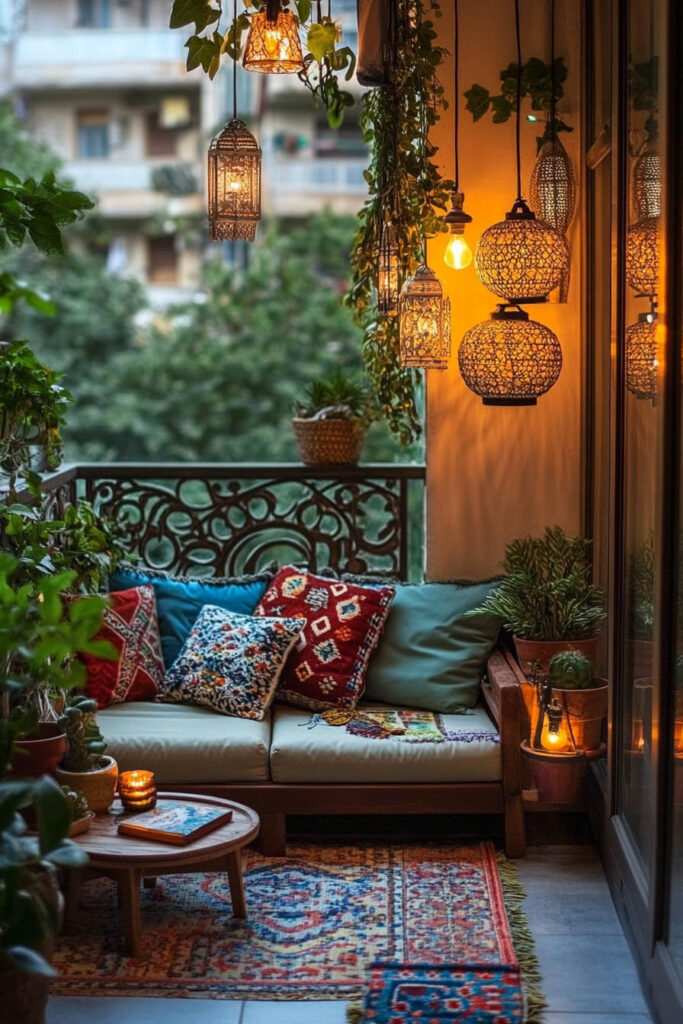 Moroccan cozy balcony with colorful pillows, patterned rug, hanging lanterns, string lights, potted plants, and boho vibe.