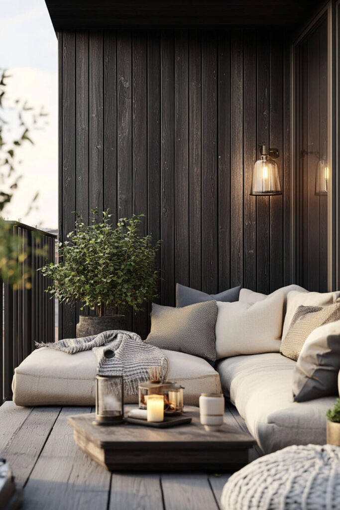 Modern balcony with dark wood paneling, neutral sectional, cozy pillows, knit throw, lantern candles, low wooden table, and potted greenery.