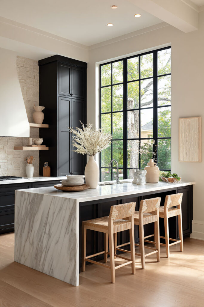 Bright kitchen with matte black cabinets, a striking marble waterfall island, woven bar stools, and a large black-trimmed window bringing in natural light.