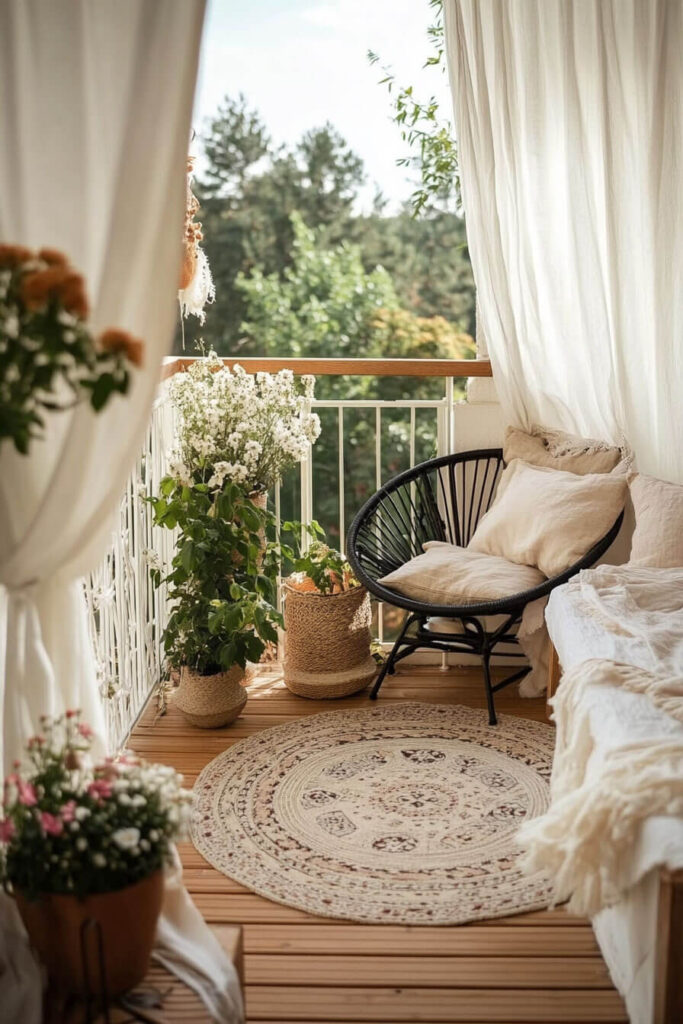 Airy cozy balcony with white curtains, woven planters, round rug, black chair, neutral cushions, and potted flowers.