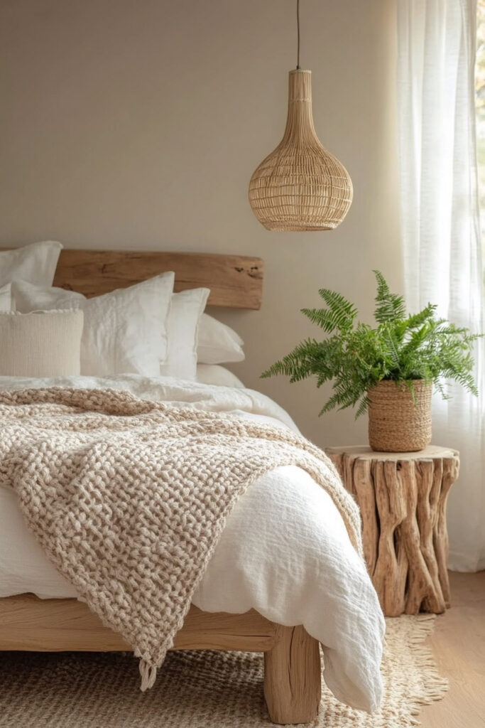 Natural bedroom with a live-edge wood headboard, cream bedding, chunky knit throw, and a wood stump nightstand topped with a potted fern.