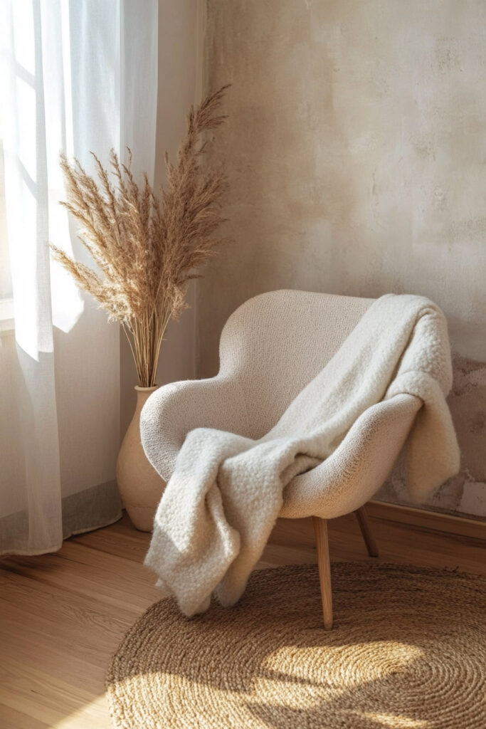 Cozy accent corner with a cream boucle armchair, textured shearling throw blanket, and pampas grass in a neutral vase on wood flooring.