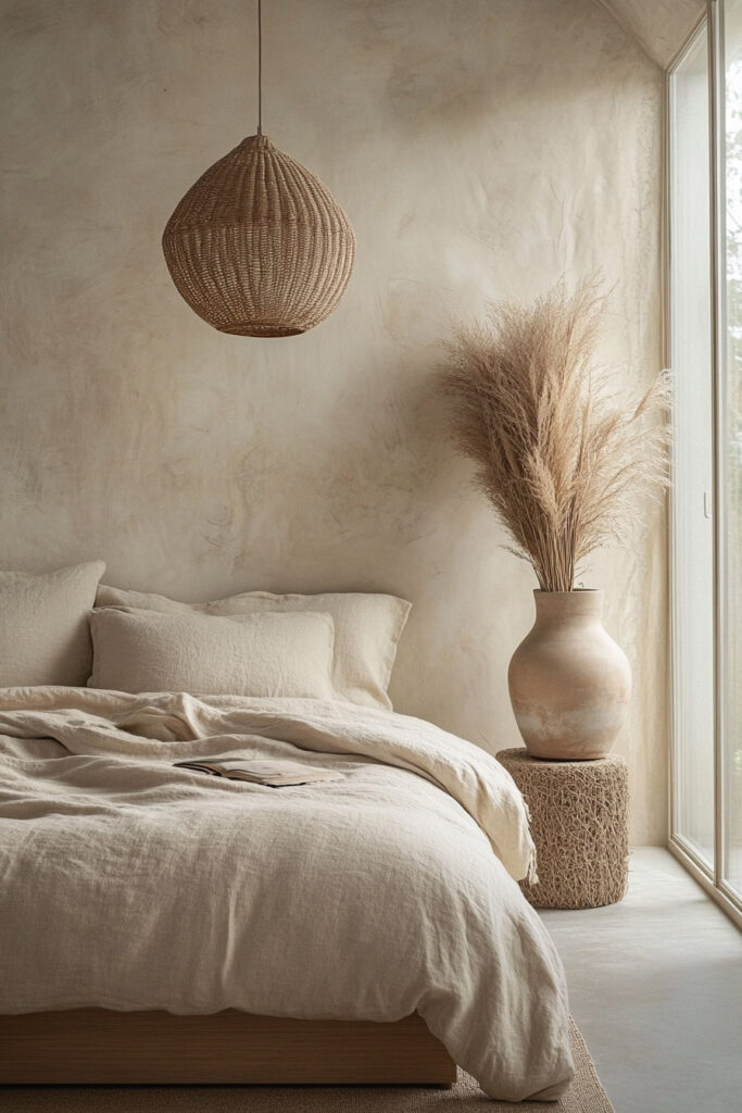 Neutral-toned earthy bedroom with soft linen bedding, pampas grass in a large ceramic vase, and a woven rattan pendant light, bathed in natural light from a tall window.