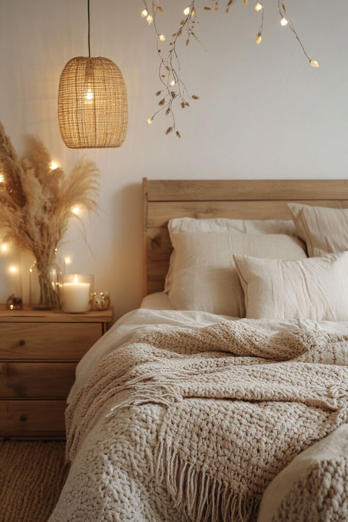 Warm earthy bedroom with a woven rattan pendant light, string lights draped from above, neutral bedding, chunky knit throw, and pampas grass in a glass vase.