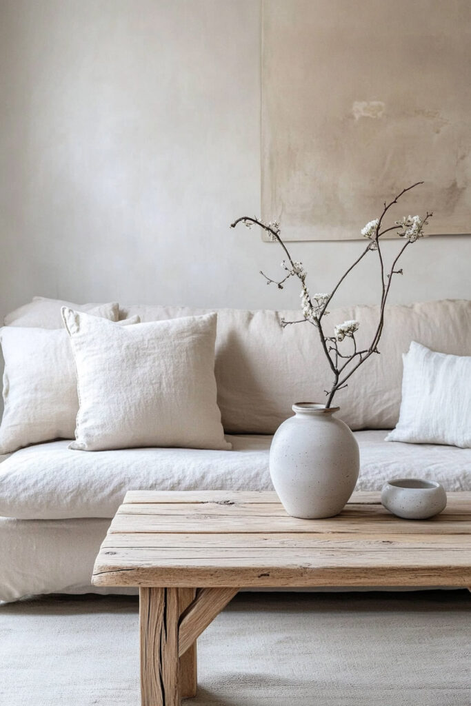 Neutral minimalist living room with soft linen pillows, a whitewashed wood coffee table, and a ceramic vase with flowering branches.