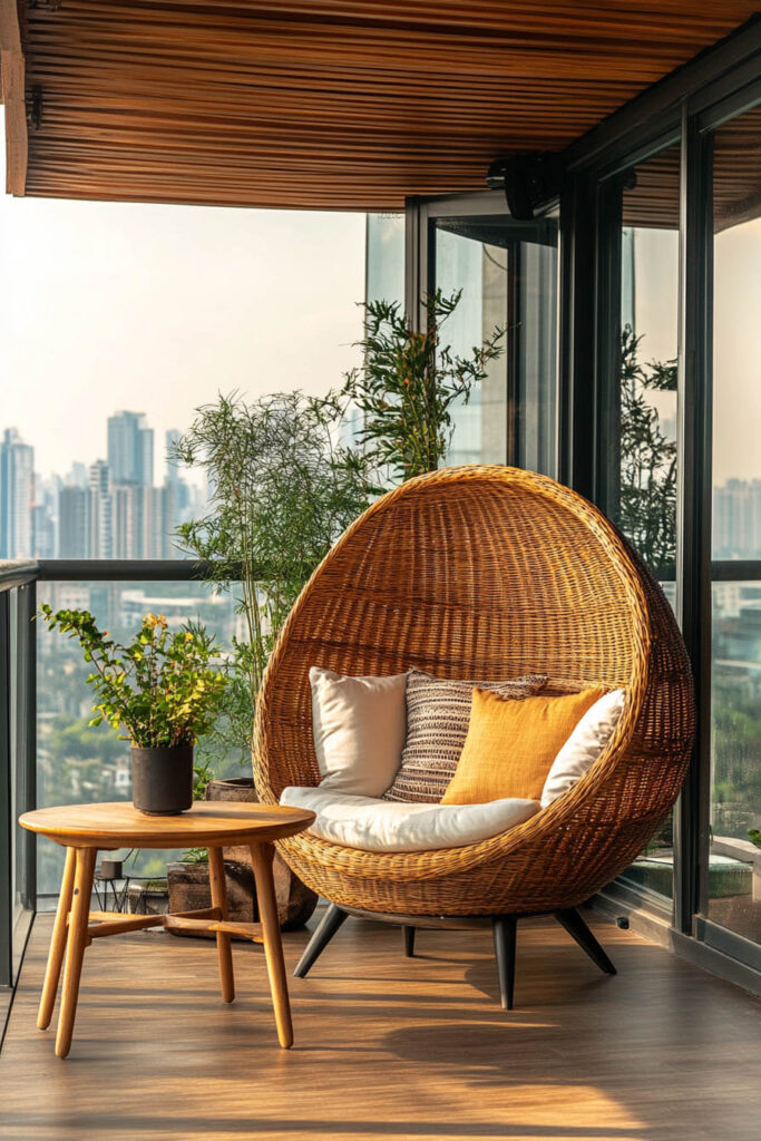 Modern balcony with rattan egg chair, neutral and orange pillows, wooden table with potted plant, greenery, and city skyline view.