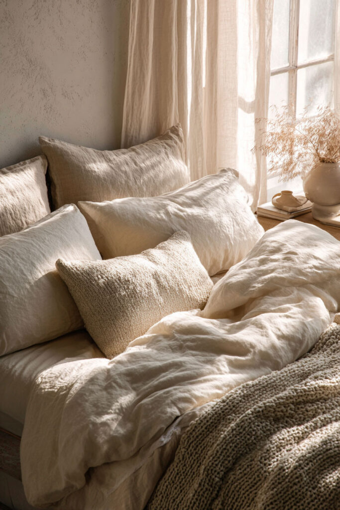 Neutral bedroom with layered linen bedding, textured throw blanket, warm ivory pillows, and soft natural light streaming through sheer curtains for a calm, cozy atmosphere.