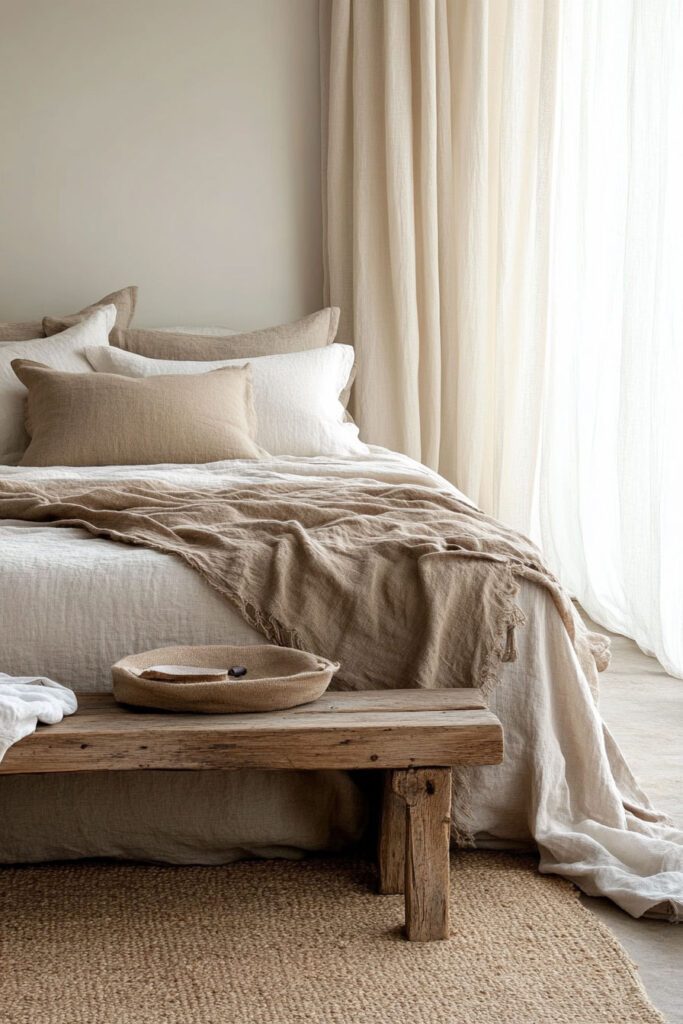 Neutral earthy bedroom with soft layered linen bedding, beige throw blanket, rustic wooden bench, and natural light filtering through sheer curtains.