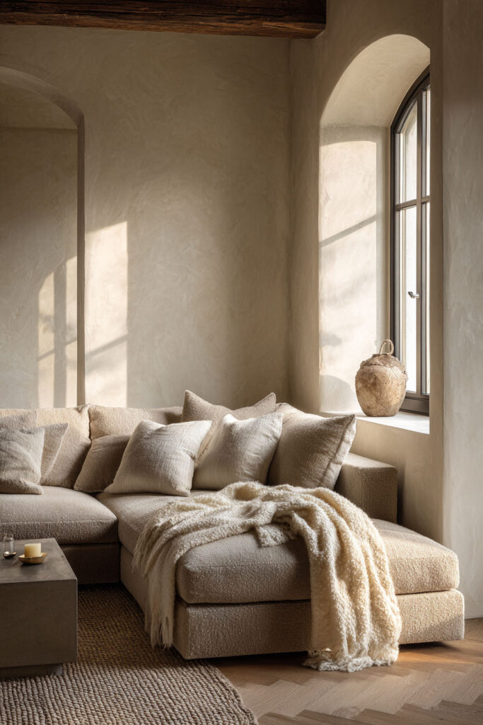 Neutral living room with an arched window, textured plaster walls, a cozy beige sectional layered with pillows and a soft knit throw, styled with warm natural materials and highlighted by soft daylight.