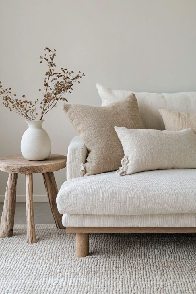 Cozy neutral living room with woven beige throw pillows, a rustic wooden side table, and a ceramic vase with dried stems on a textured rug.