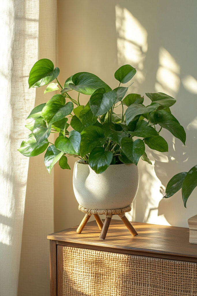 Pothos plant in a speckled ceramic pot with a mini wood stand, styled on a rattan-front nightstand in soft natural morning light.