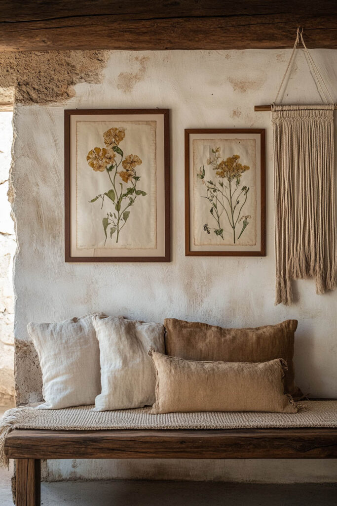 Rustic wall with vintage-style botanical art prints, linen pillows on a wooden bench, and a macrame hanging for natural texture.