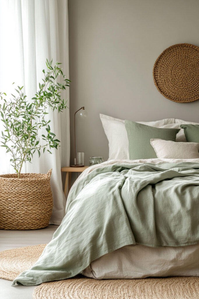 Sage green and off-white linen bedding in an earthy bedroom with a woven basket planter, light wood furniture, and natural sunlight filtering through sheer white curtains.
