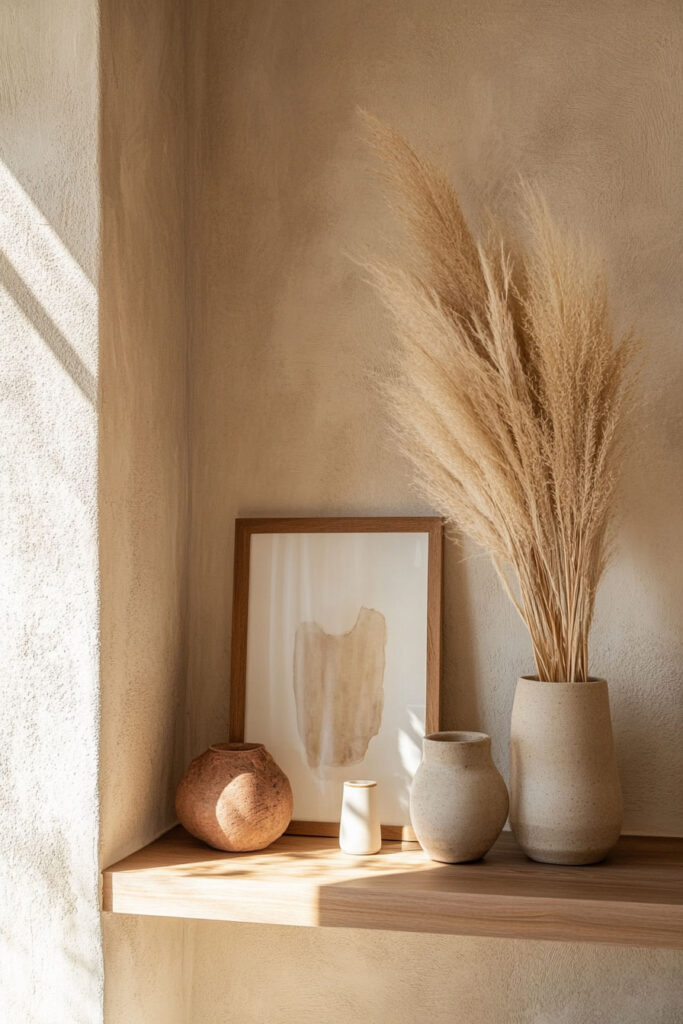 Scandinavian minimalist shelf decor with pampas grass in neutral vases, rustic pottery, and abstract wall art in warm natural light.