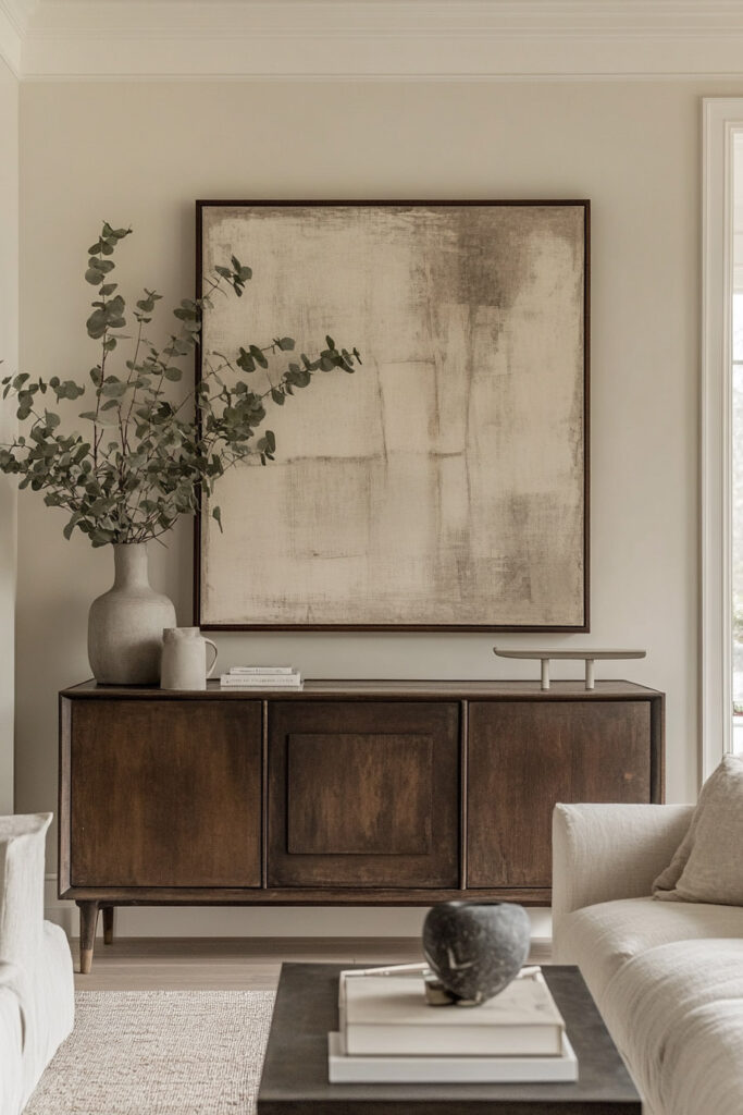 Dark wood credenza styled with eucalyptus stems in a ceramic vase, sculptural accessories, and a large abstract canvas in a minimalist living room.