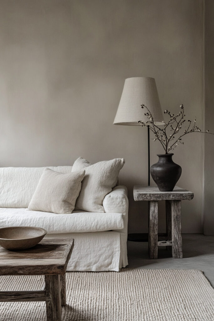Scandinavian minimalist living room with a white linen slipcover sofa, rustic wood tables, and a tall floor lamp beside a dark clay vase.