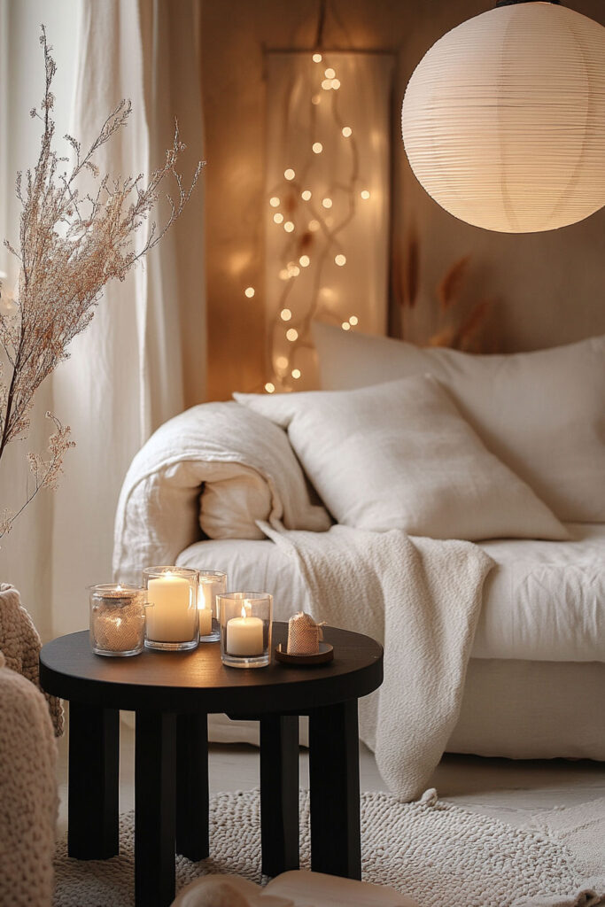 Scandinavian minimalist living room with neutral-toned sofa, black side table, glass candles, and soft string lights creating a cozy ambiance