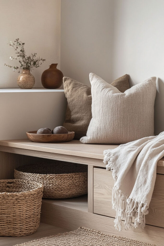 Cozy Scandinavian-style storage bench with neutral throw pillows, natural woven baskets, and minimalist decor