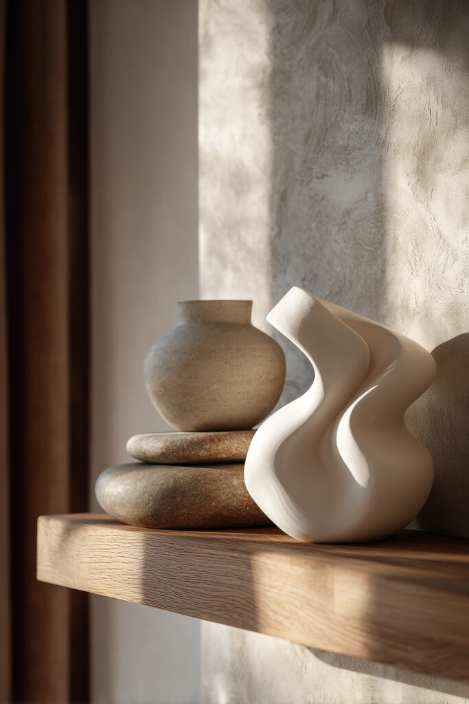Minimalist decor with organic ceramic vases, including a white wavy sculpture and round stone vessels, styled on a natural wood shelf against a textured plaster wall.