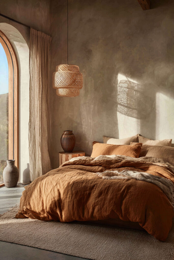 Warm terracotta bedroom featuring textured plaster walls, linen bedding in rich earthy tones, natural wood side tables, and rustic pottery accents.