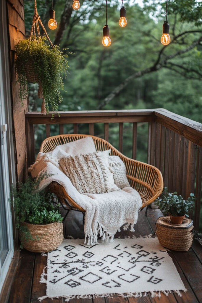 Rustic cozy balcony with rattan chair, knit blanket, boho rug, string lights, potted plants, and natural wood flooring.