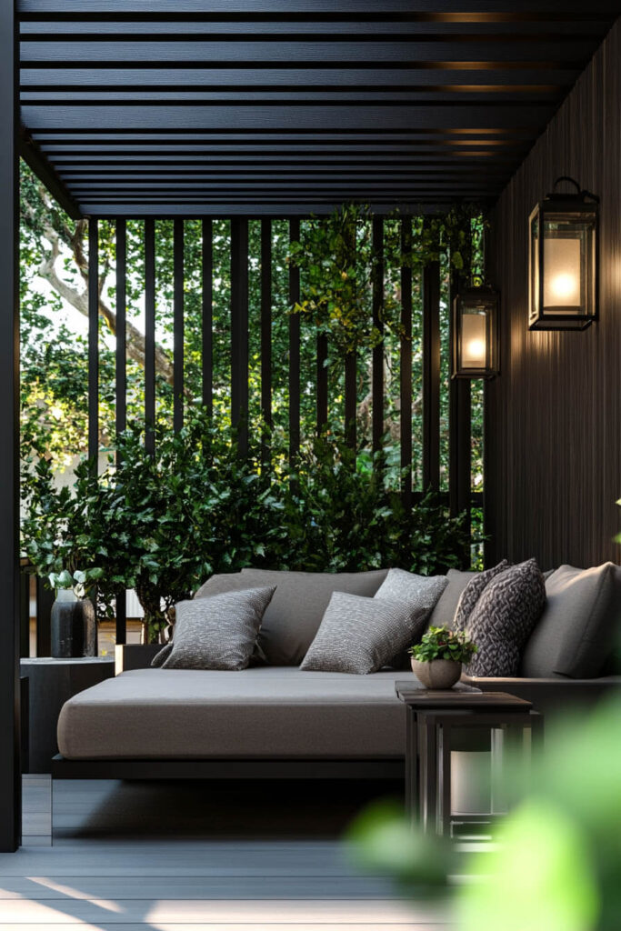 Modern balcony with black pergola, dark seating, gray pillows, wall lanterns, slatted privacy screen, and tall greenery.