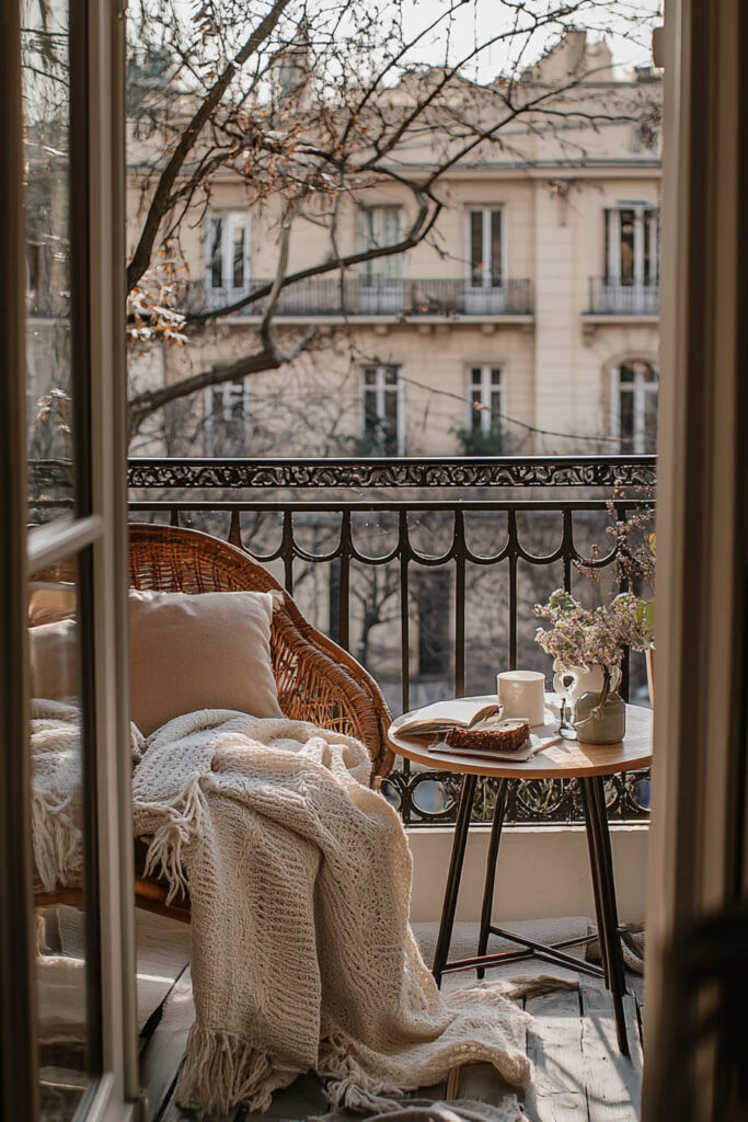 Parisian-style cozy balcony with rattan chair, knit blanket, coffee table, fresh flowers, iron railing, and city view.