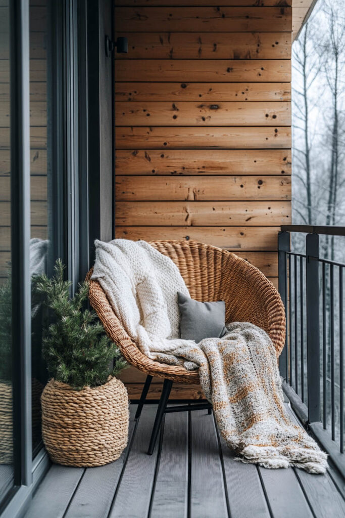 Rustic winter balcony with wooden walls, wicker egg chair, knit throws, neutral pillows, and potted evergreen plant in woven basket.