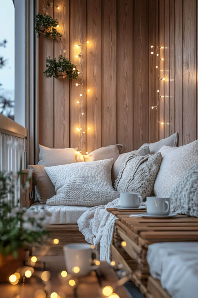 Cozy balcony with neutral pillows, knit blankets, wooden panel walls, string lights, rustic crate table, coffee mugs, and greenery.