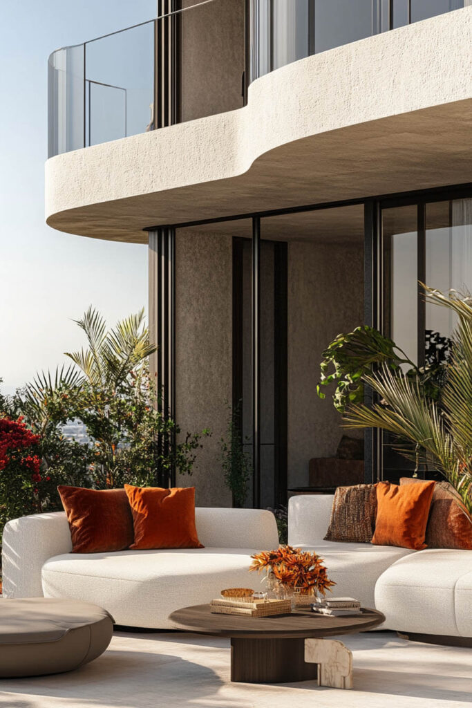 Modern luxury balcony with curved architecture, white sofas, rust-orange pillows, tropical plants, dark wood coffee table, and open airy design.