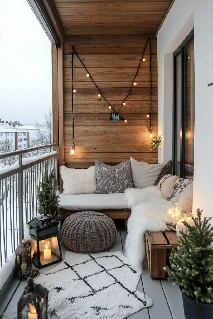 Cozy winter balcony with string lights, neutral pillows, knit pouf, wooden accents, candles, and snow-covered outdoor view.