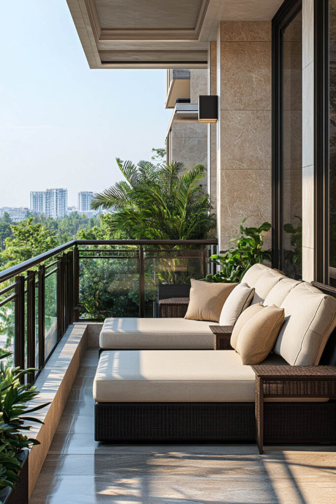 Modern balcony with wicker loungers, neutral cushions, tropical plants, glass railing, beige tile flooring, and luxurious outdoor design.