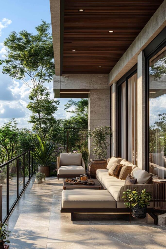 Modern balcony with neutral lounge seating, wood ceiling, glass railing, earth-toned cushions, potted greenery, and luxury outdoor design.