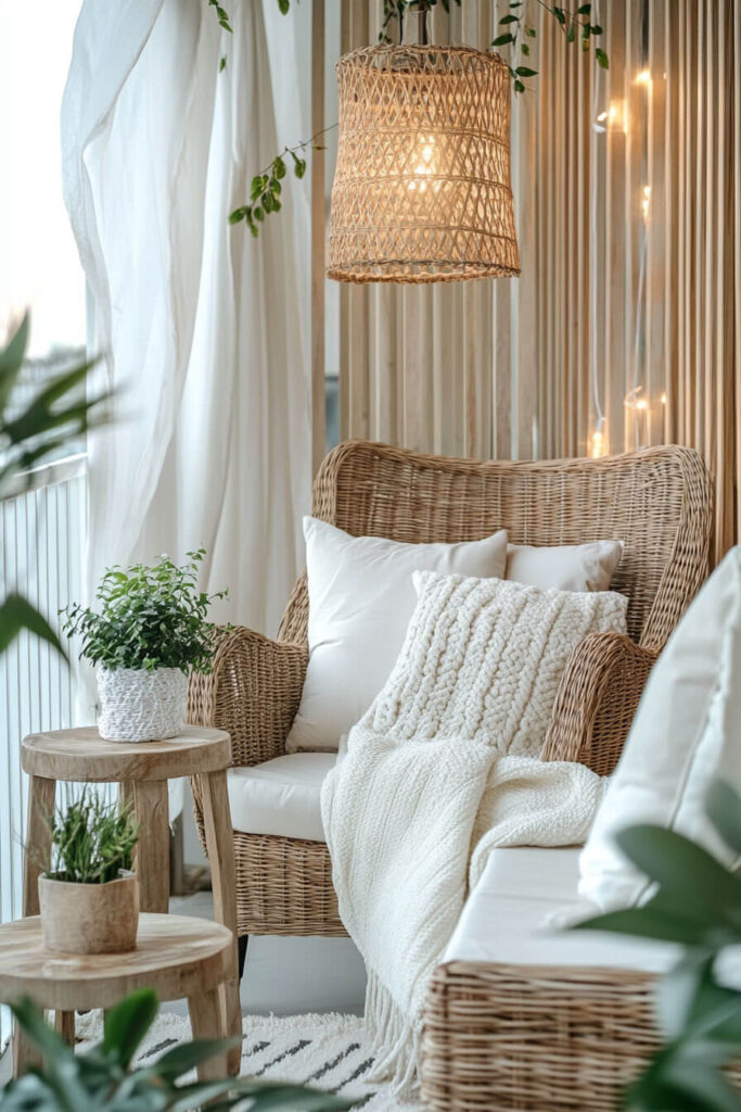 Bright cozy balcony with wicker armchairs, white cushions, knit pillows, wooden side tables, potted plants, string lights, and rattan pendant lamp.