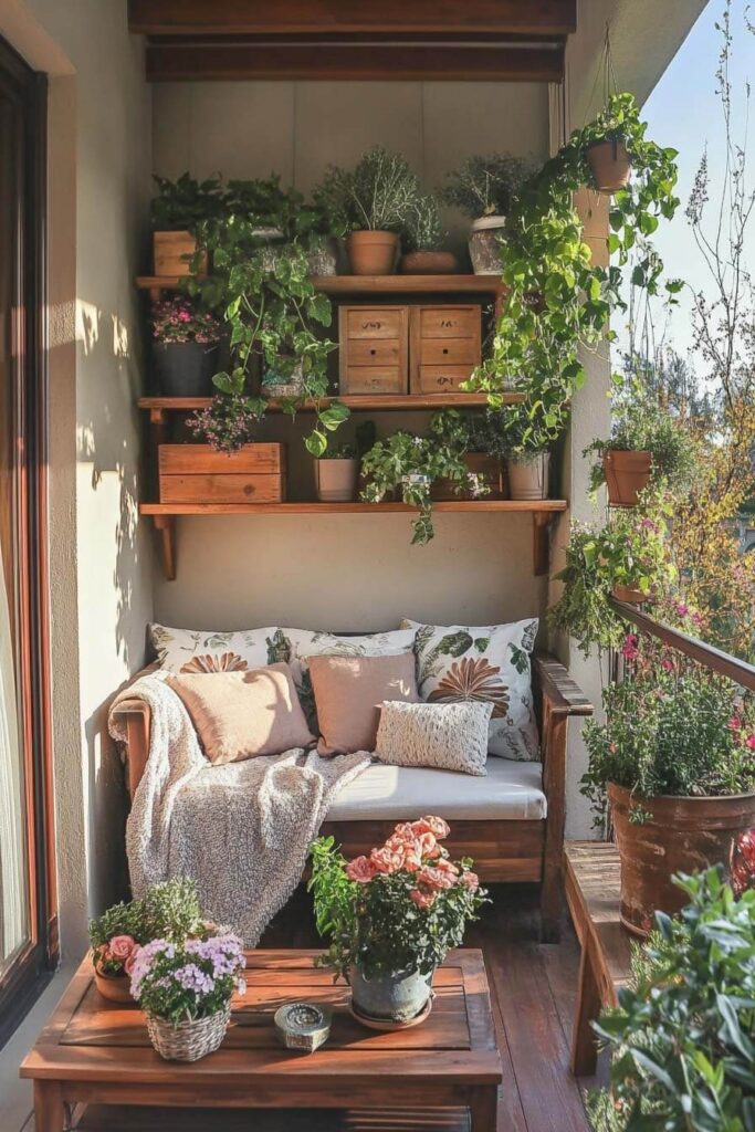 Small cozy balcony with wood shelves, potted plants, climbing greenery, botanical-print pillows, rustic bench, and wooden coffee table with flowers.