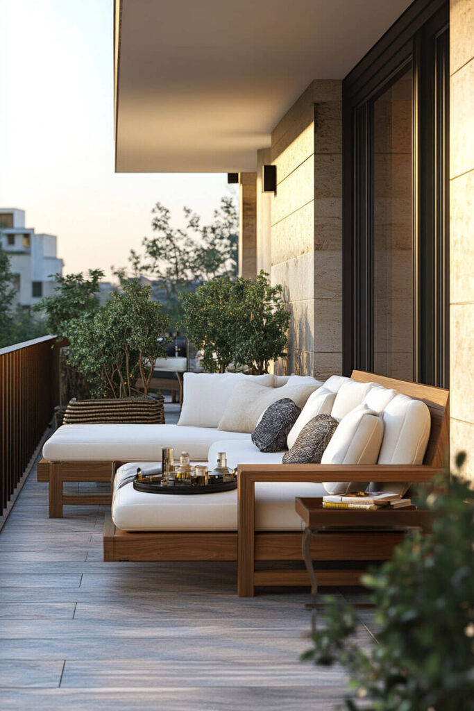 Modern balcony with wooden lounge chairs, white cushions, potted greenery, minimalist decor, and luxury outdoor living design.