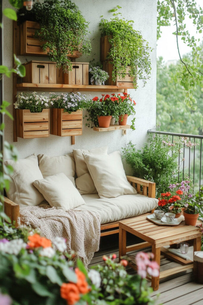 Small cozy balcony with wood shelves, potted flowers, hanging greenery, neutral cushioned bench, and wooden coffee table.