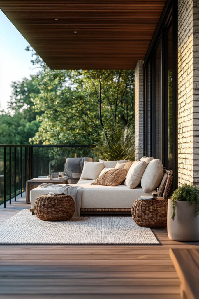 Modern balcony with woven ottomans, neutral lounge seating, soft area rug, wood finishes, and lush greenery for a cozy outdoor retreat.