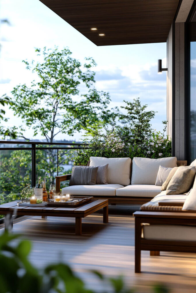 Modern balcony with wood framed seating, neutral cushions, cozy throw pillows, wood coffee table with candles and drinks, and lush greenery.