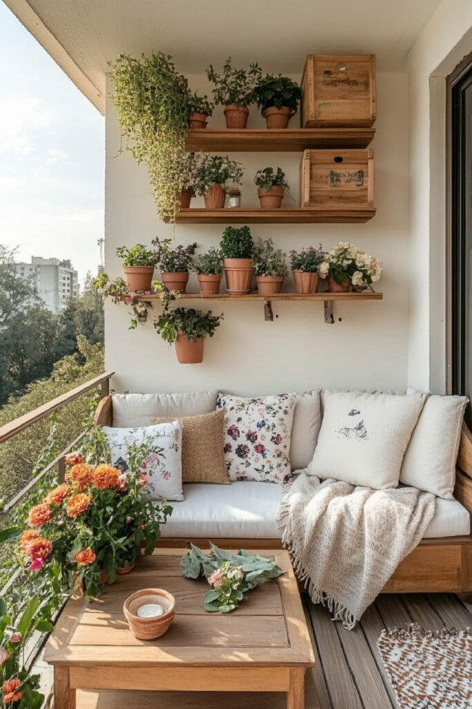 Small balcony with wooden floating shelves, terra cotta potted plants, white cushioned bench, floral pillows, and cozy blanket.