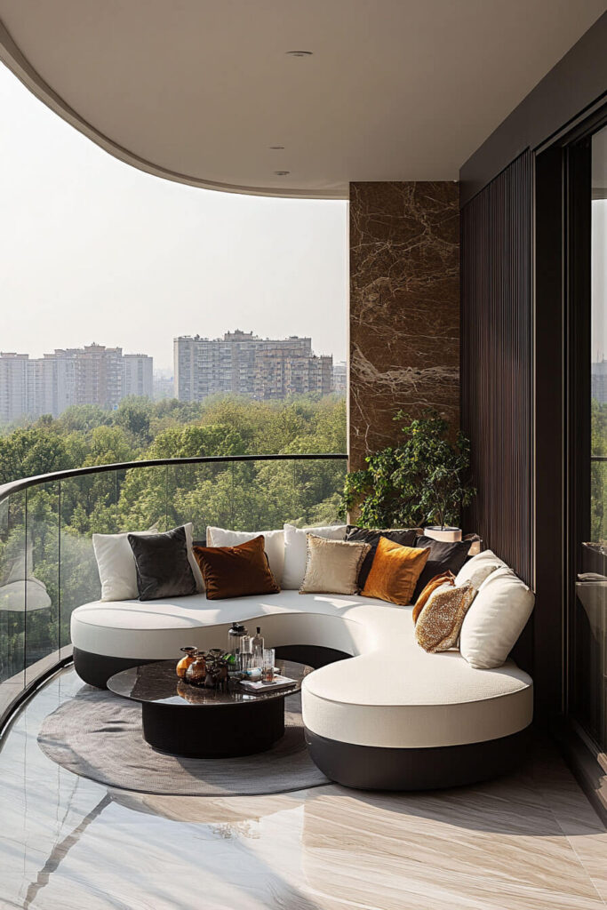 Contemporary balcony with curved white sectional sofa, velvet throw pillows, black round coffee table, city view, marble flooring, and glass railing.