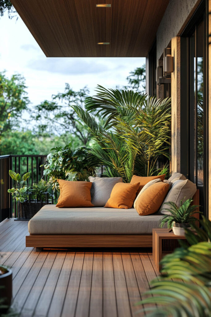 Modern tropical balcony with wooden daybed, gray and orange pillows, wood-paneled ceiling, lush potted plants, and greenery views.