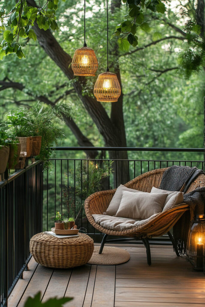 Cozy balcony with woven chair, neutral cushions, wicker ottoman, rattan pendant lights, potted plants, and forest view.