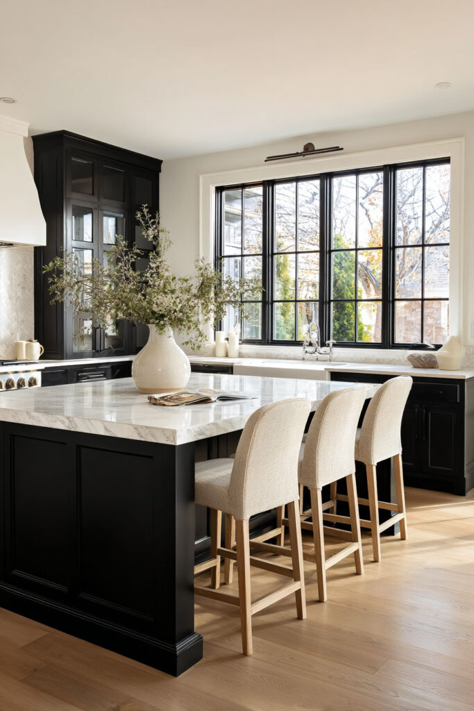 Bright kitchen featuring matte black cabinets, a large marble island with soft upholstered bar stools, light wood floors, and tall black-trimmed windows.