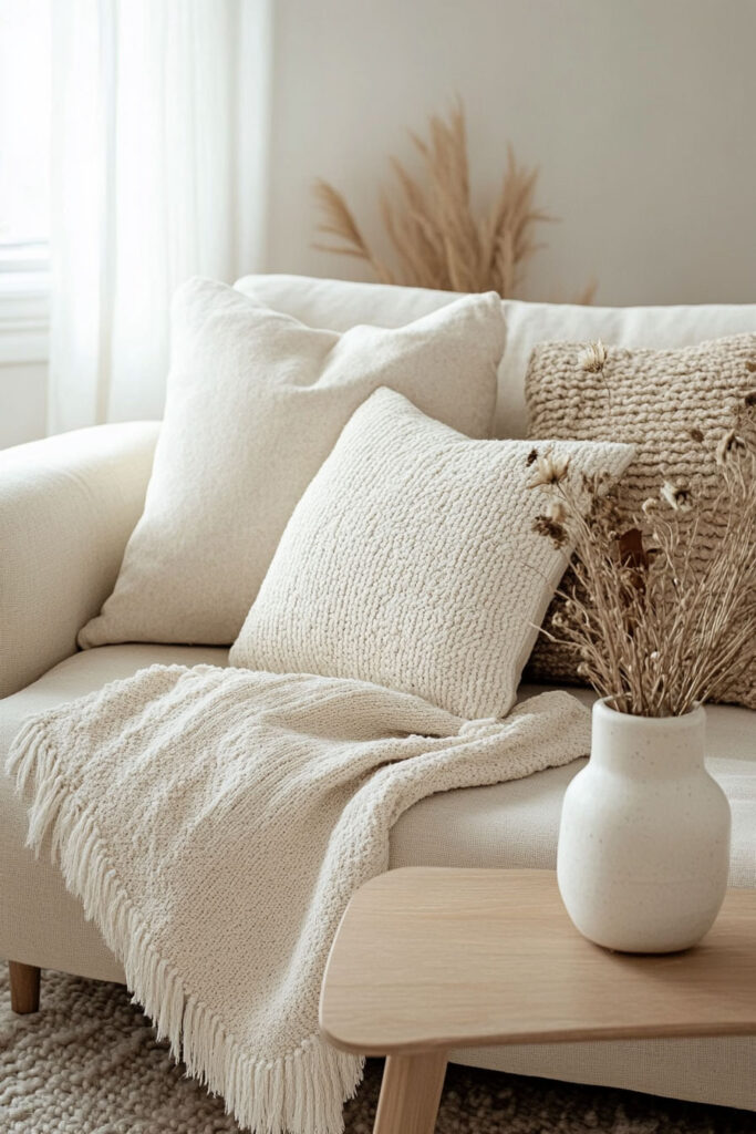 Neutral living room corner featuring textured cream pillows, a fringed knit throw, dried floral arrangement, and soft wood accent table.