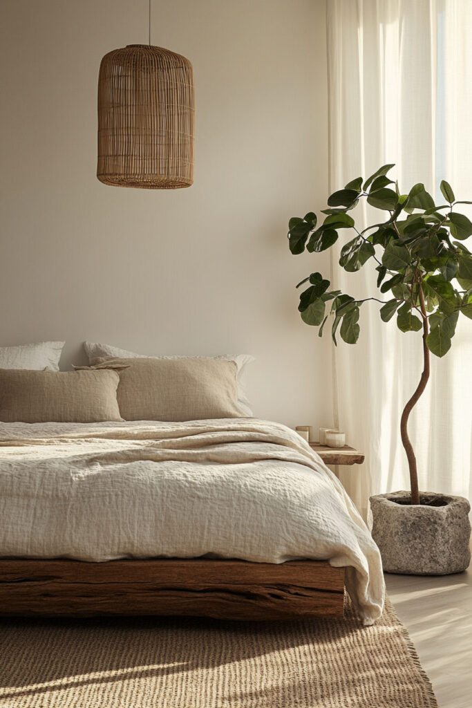 Earthy minimalist bedroom with neutral linen bedding, rattan pendant light, woven rug, and a potted fig tree in a stone planter.